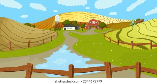 Granja rural. Paisaje de campo. Agricultura rural. Grass, calle al aire libre. Cielo detrás de árbol. Aldea de Panorama. Edificio de madera. El paisaje veraniego. Colina verde. Construcción de granjas. Ilustración del vector