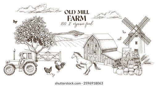 Countryside farm hand drawn illustration