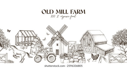 Countryside farm hand drawn seamless border