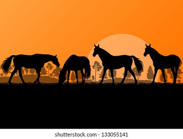 Countryside farm horses silhouettes in wild nature mountain forest landscape illustration background vector