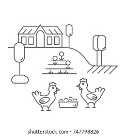 Countryside and Farm Land in Linear Style. Isolated graphic elements: country house and chicken.