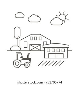 Countryside and Farm Land in Linear Style. Isolated graphic elements: country house, barn and tractor.