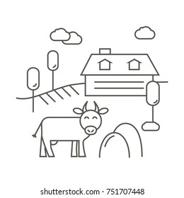 Countryside and Farm Land in Linear Style. Isolated graphic elements: barn and cow.