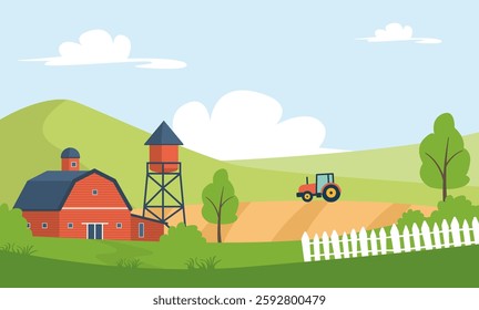 Countryside farm with red barn, water tower and tractor working on the field. Green hills, trees and white fence. Peaceful rural atmosphere. Farming and agriculture concept. Flat vector illustration.