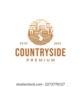 Countryside Farmhouse concept logo. Template with farm landscape. Label for natural farm products.