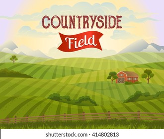 Countryside field. Distant agriculture wheat field and farm on green grassy hill poster. Serene rural nature scene landscape illustration. Vector grassland with grain crops plantation at countryside
