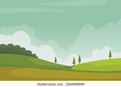 Countryside field nature landscape cartoon  background with sky, meadow green grass, tree, hill, and road 