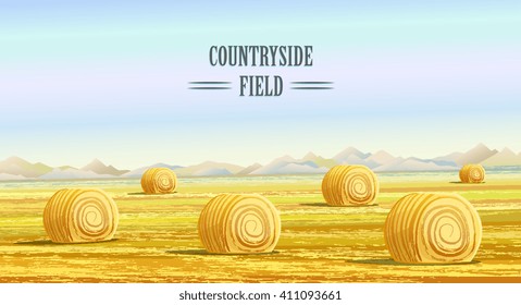 Countryside field. Rural area landscape with dry hay bale. Countryside scenery. Haystack on meadow illustration. Village field panorama. Idyllic farmland. Farming life, agriculture, harvesting vector
