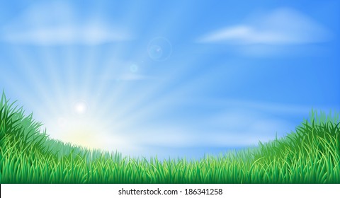 Countryside field and sun rise background with beautiful blue sky