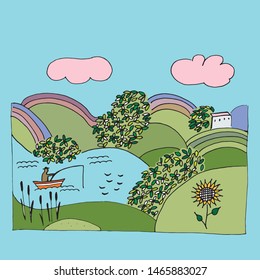 Countryside with a fisherman in a boat