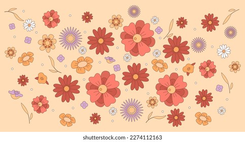 Countryside flowers flat color vector illustration. Pattern image. Wildflowers blossoming. Summertime flora blooming. Fully editable 2D simple cartoon ornament with light orange background