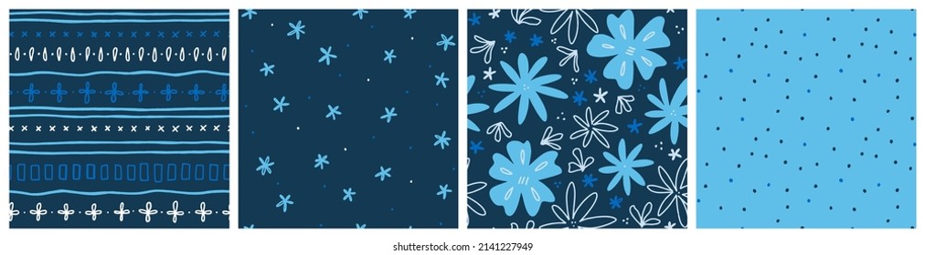 Countryside flowers seamless pattern set. Rural daisy and hollyhock vector images for bedding, kitchen textile or pajama fabric. Botanical blue and navy coordinating fabric designs.