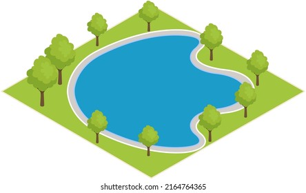 Countryside forest natural landscape. Country rural vacation, rest near pond, outdoor recreation place. Design of landscape layout near lake with plants and trees. Beautiful scenery, view of nature