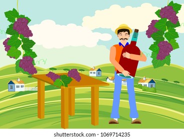 Countryside funny gardener with  bottle of wine, grapes, vector countryside landscape background, windmill Agriculture theme, village.