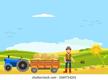 Countryside funny gardener with  fork vector countryside landscape background, tractor with waystack