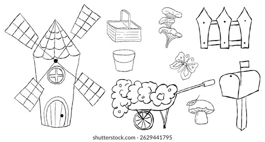 Countryside garden set with windmill wheelbarrow mushrooms butterfly bucket and fence