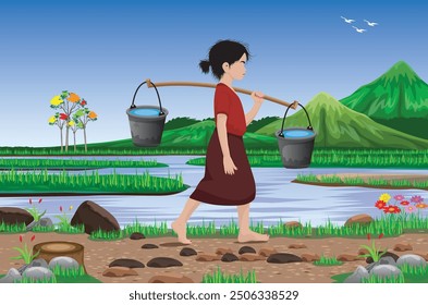 countryside girl hold bucket water at pond vector design