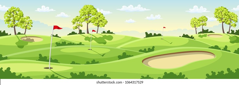 Countryside golf course with flags, greens and sand bunker. 