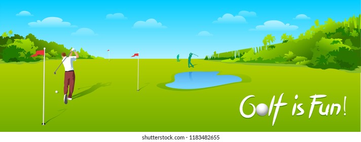 Countryside golf course with flags, greens and sand bunker. Banners vector image of sports equipment for Golf, putter, golfer, ball, hole.