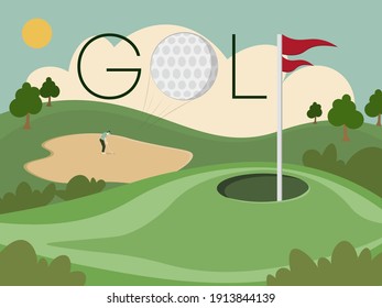 Countryside golf course with flags, greens and sand bunker. Championship or tournament text placeholder.