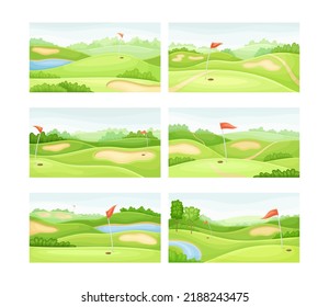 Countryside golf courses set. Beautiful summer landscape vector illustration