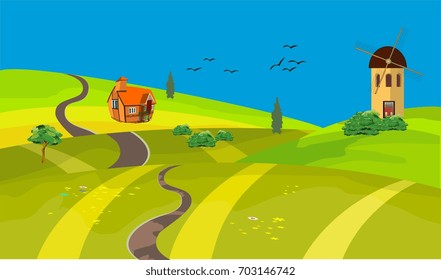 Countryside, green hills, road and house, mill. Vector 