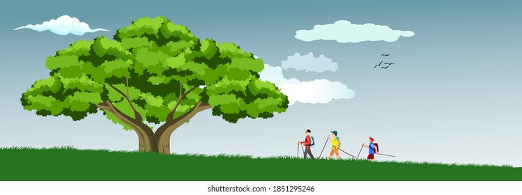 Countryside, group of tourist walks on the hill, vector
