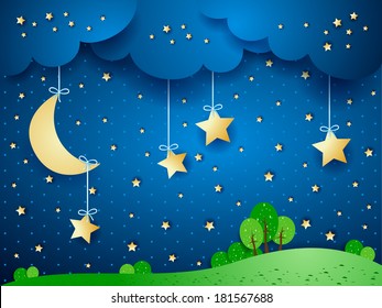 Countryside with hanging moon, fantasy landscape. Vector 