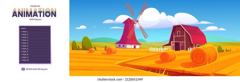 Countryside with hay bales on agriculture field, windmill and farm barn. Vector parallax background ready for 2d animation with cartoon illustration of rural landscape, farmland