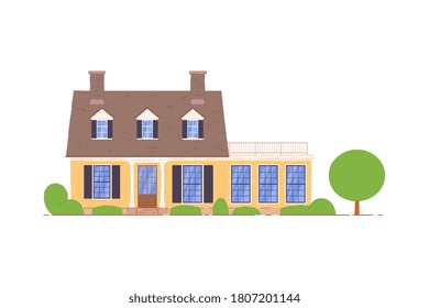 Countryside home. Private countryside house with terrace and mansard icon. Home apartment isolated on white background. Residential property or dwelling real estate vector illustration