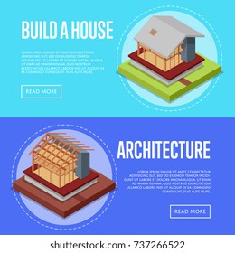 Countryside house architecture posters. House framework construction, walls and roof installation vector illustration. Construction stages of house, real estate development isometric 3D concept