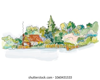 Countryside house banner with trees - design for the card or cover. Vector graphic illustration