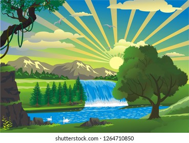 countryside - house by the waterfall, cartoon in vector
