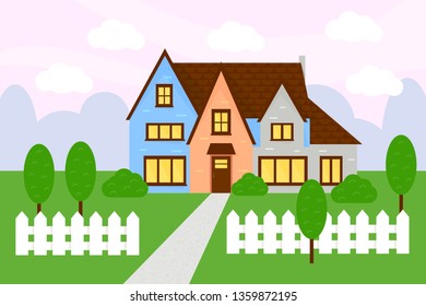 Countryside house flat vector illustration. White fence, green garden. Real estate, property for rent, sale. Contemporary townhouse with panoramic windows. Cottage facade. Family house exterior