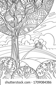 Countryside house and landscape coloring book for children and adults. Hand drawn antistress coloring page with little house, trees and bushes . Vector outline stock illustration. Zen style.