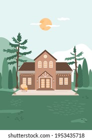 Countryside house with lounge chair on terrace. Cozy home in the forest, cypress, pine trees in the yard  Suburban real estate, comfort, vacation, weekend concept. Landscape vector illustration