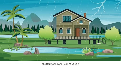 Countryside house with rain falling among mountains.