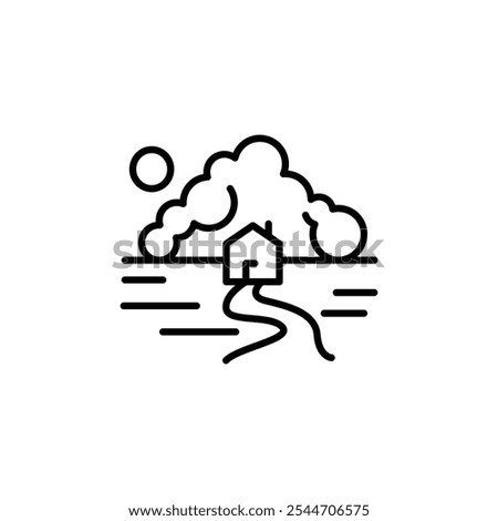 Countryside House with Sun icon. Simple icon representing a peaceful landscape with a house, sun, and winding path, ideal for social media, app, and web design. Vector illustration