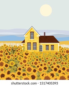 Countryside house with sunflower growing in front. Blue sky. Autumn season. Flat cartoon vector