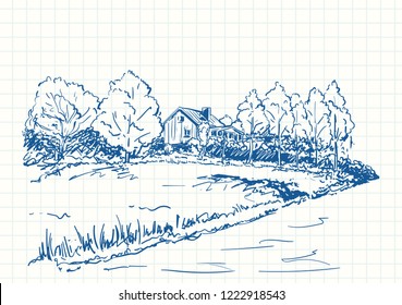 Countryside house surrounded by trees, Blue pen sketch on square grid notebook page, Hand drawn vector illustration