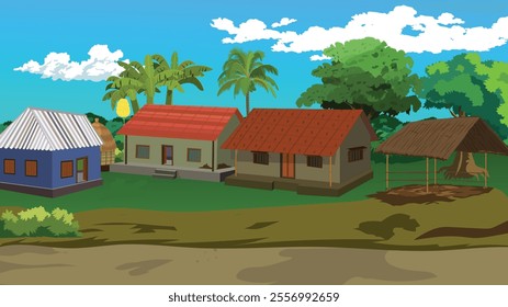 Countryside house yard vector beside a road sorrounded by trees and grasses.Village background vector 