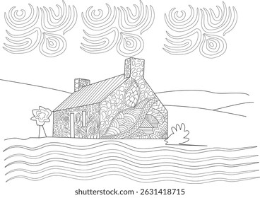 Countryside House Zendoodle Style Illustration, Black and white line art illustration of a charming countryside house in a unique zendoodle style. Features abstract patterns on the building,