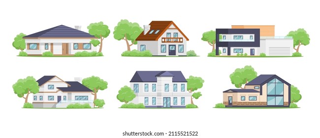 Countryside houses exterior street neighborhood collection isometric vector illustration. Suburban luxury cottage residential building facades with garden yard summer plants area, balcony, garage