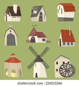 Countryside Houses Rural Granary Storehouse Shelter Cabin Farm Icon Collection.