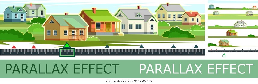 Countryside houses scenery with parallax effect. Rent purchase sale of housing houses. Country side village. Rural street homes. Settlement. Suburban Landscape, Cottages with plots. Background image. 