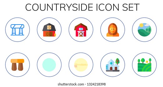 countryside icon set. 10 flat countryside icons.  Simple modern icons about  - stonehenge, barn, hills, village, desert, field