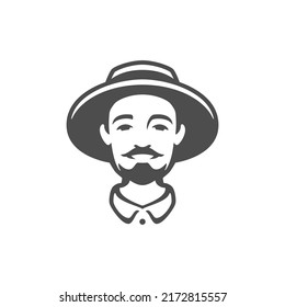 Countryside industrial male worker smiling agronomist head in hat monochrome vintage icon vector illustration. Happy agricultural man gardener country cultivation rustic farm market organic food