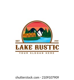 Countryside Lake Farmhouse Logo Template with Mountain view and pine forest. uotdor Rustic