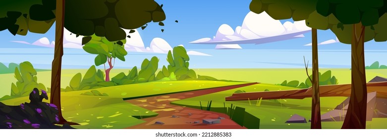 Countryside landscape with agriculture fields, green grass, trees and bushes with flowers. Rural summer scene of meadows, garden and path, vector cartoon illustration