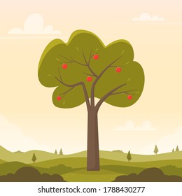 Countryside landscape with apple tree in the foreground, closeup. Rural landscape in the warm dawn colours. Countryside with apple tree for banner, animation. Vector flat illustration